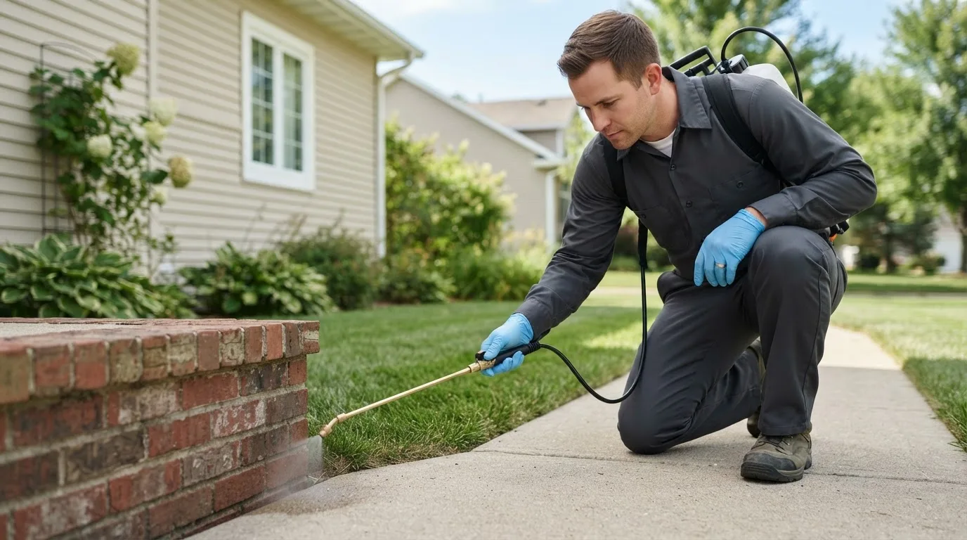 Pest control technician treating a home near Rousseau, KY